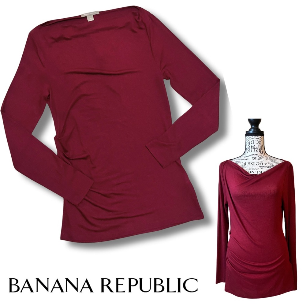 Rich Red Cranberry Ruched Long Sleeve Boatneck Top by Banana Republic, size M